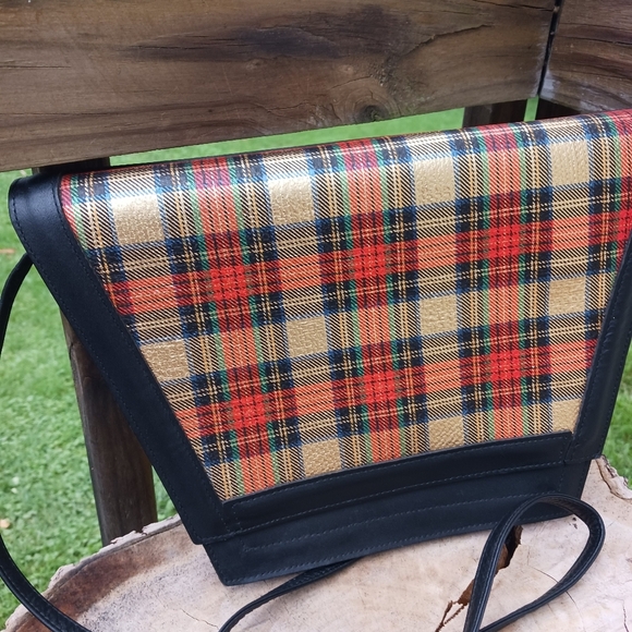 Roberto Vascon Womens Leather Crossbody Red/Gold Plaid Purse Vintage - Picture 7 of 10